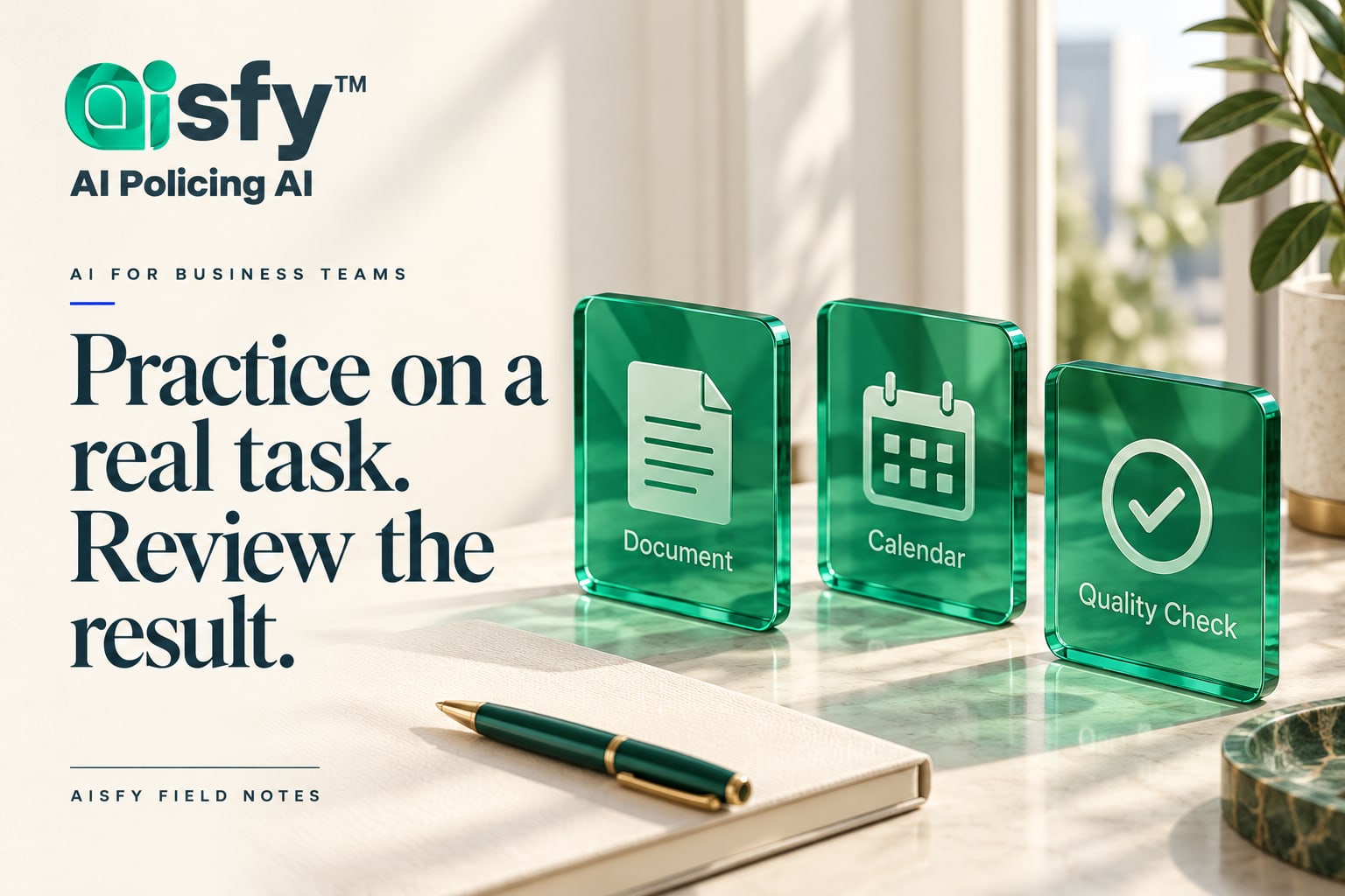 AI exercises for business teams illustrated with document, calendar and quality-check cards.