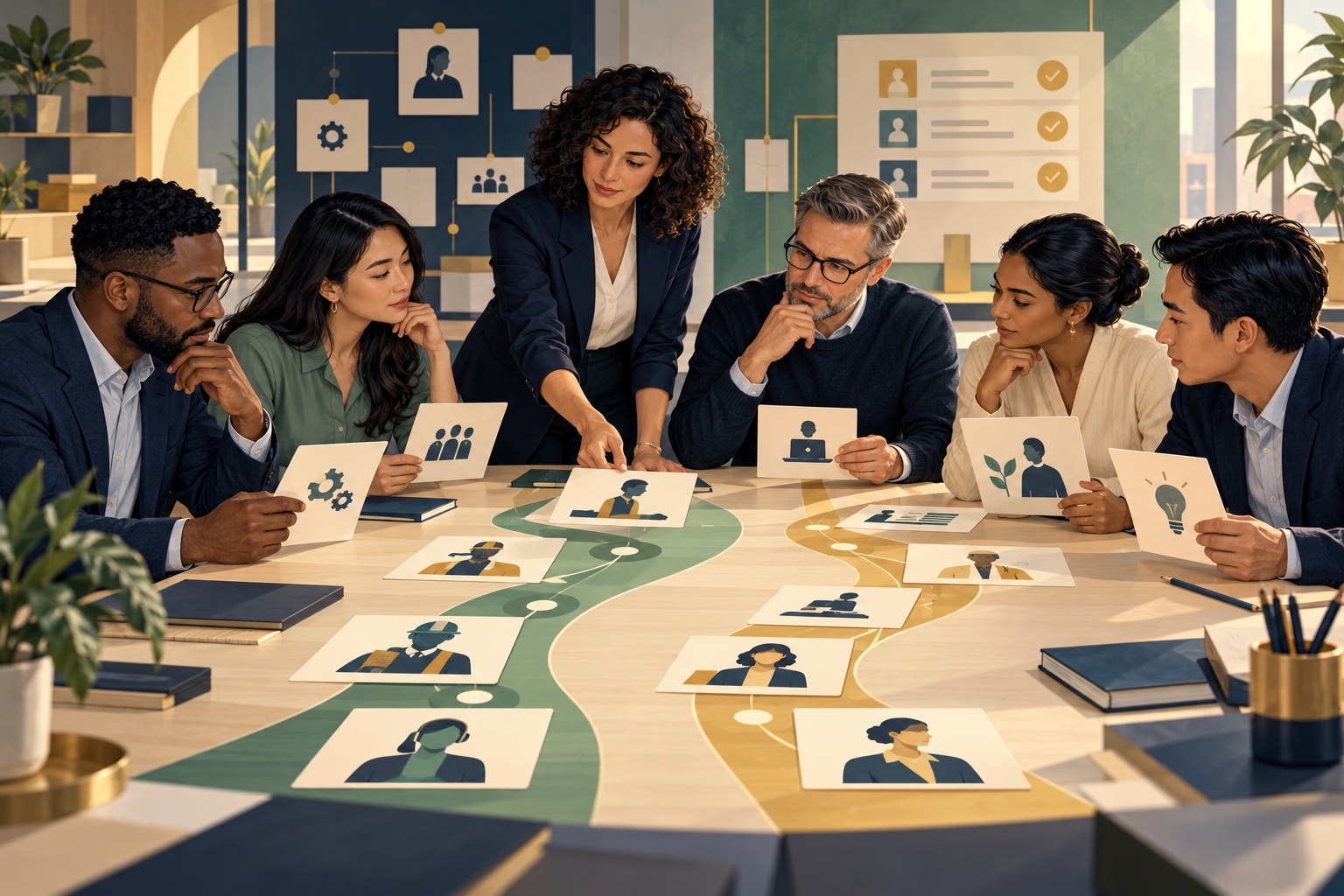 Editorial illustration of workforce leaders matching role-specific AI learning to different work pathways.