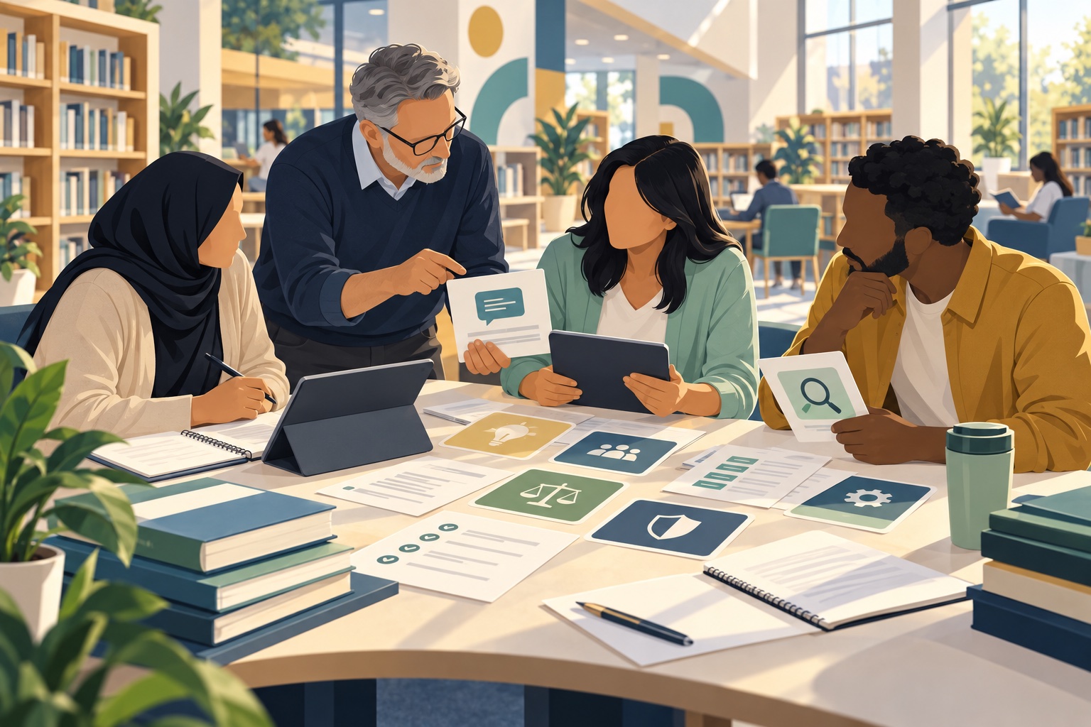 Editorial illustration of library professionals reviewing responsible AI learning materials together.