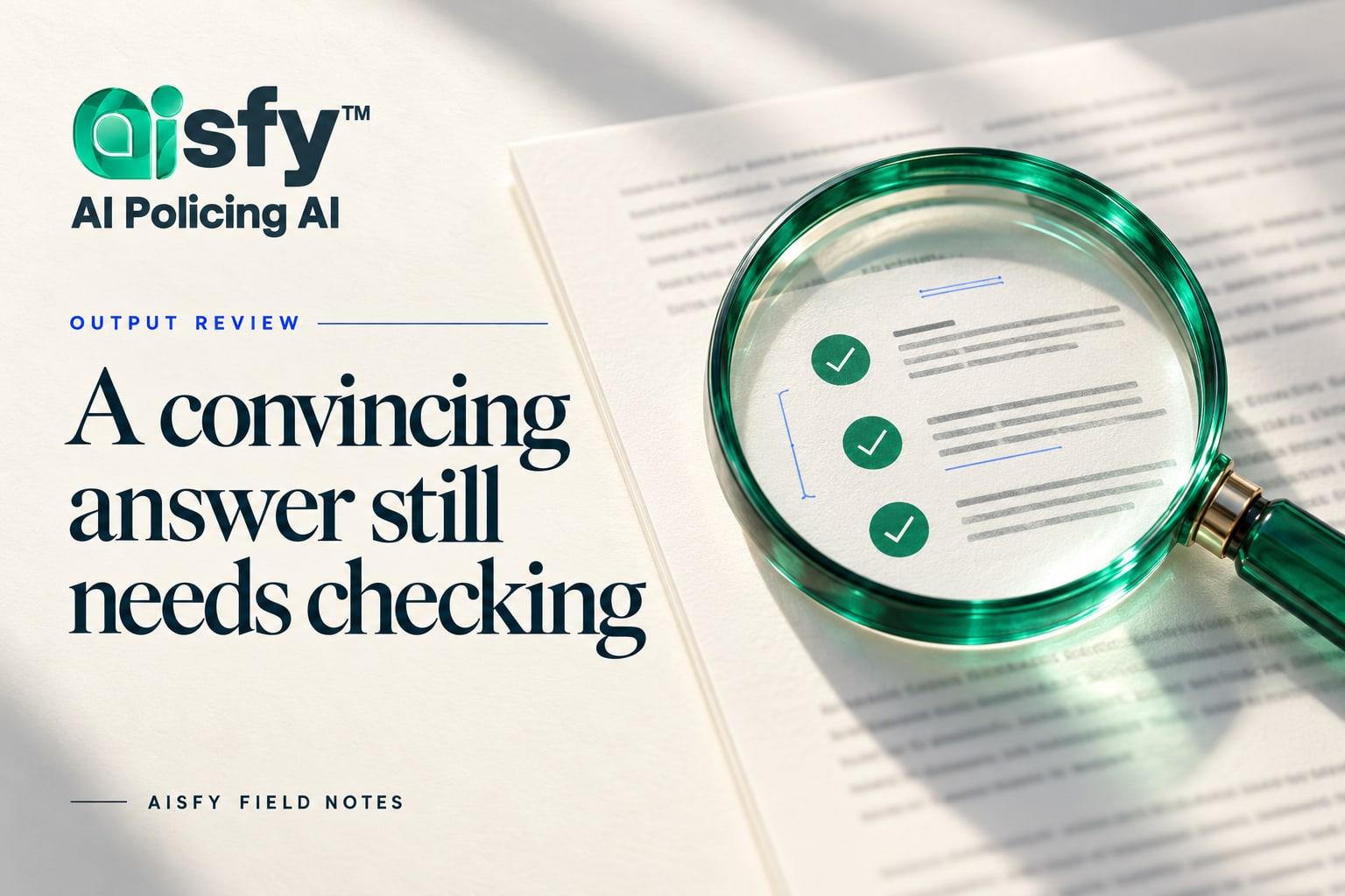 AI output review illustrated with a magnifying lens over a checked document.