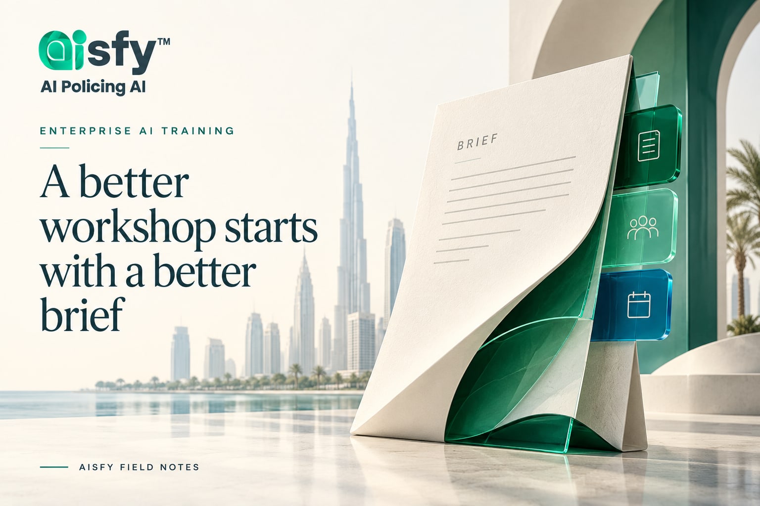 AISFY corporate AI training brief with document tabs and the Dubai skyline.