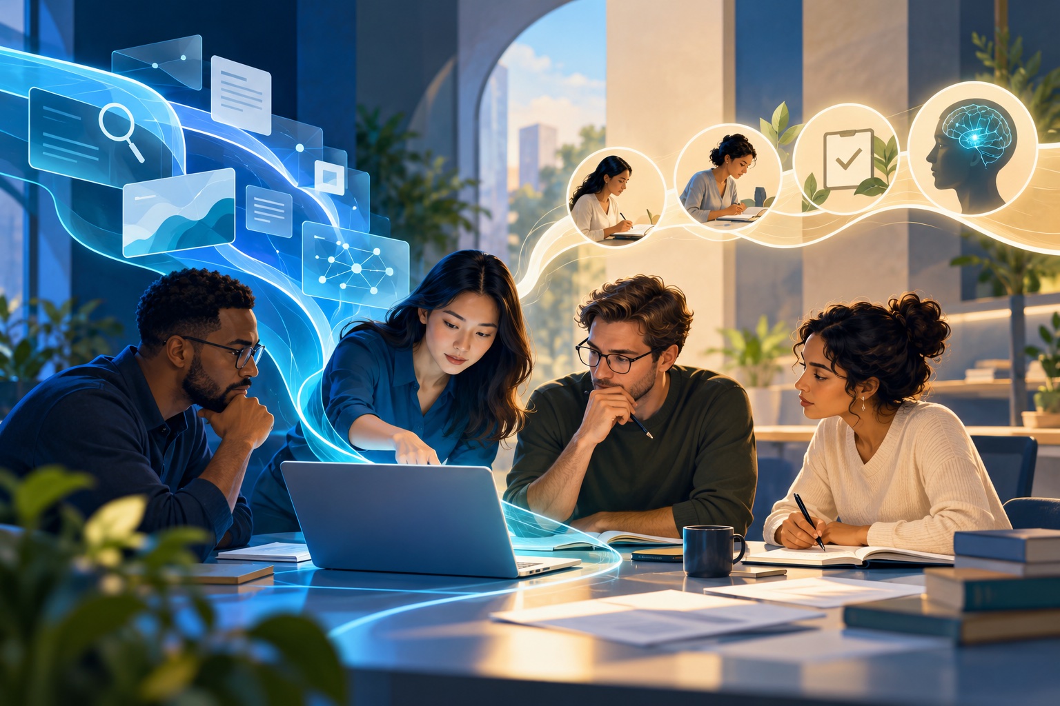 Editorial illustration of knowledge workers comparing AI-assisted task performance with independent learning and review.