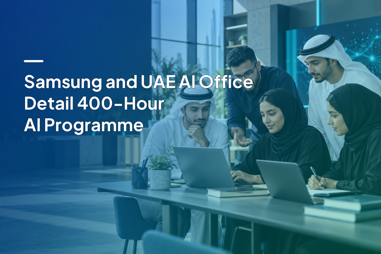 AISFY editorial illustration of young Emirati learners working through a technical AI exercise.