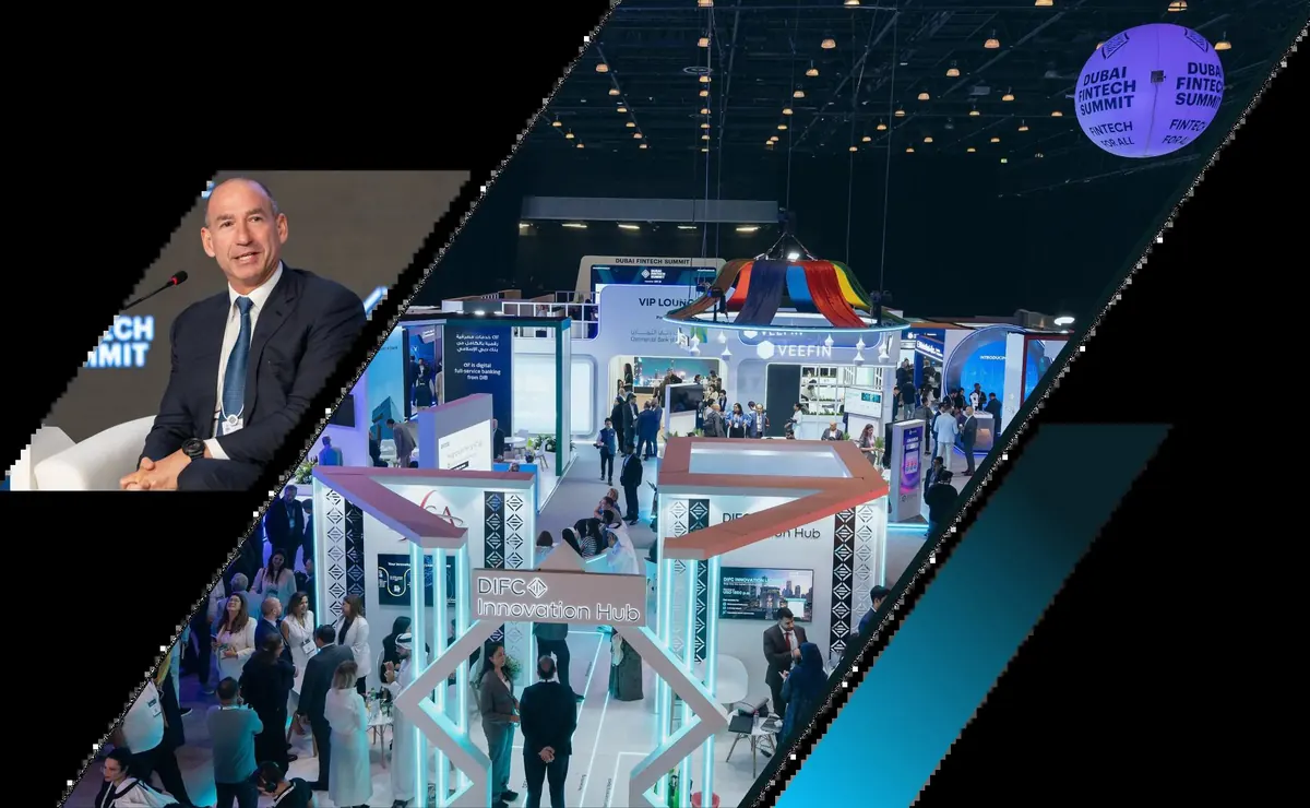 Photo montage of a speaker and exhibition stands at Dubai FinTech Summit